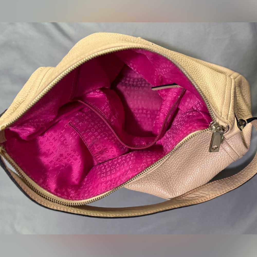 Kate Spade New York Beige Leather Pink Lined Zip Shoulder Tote Purse 15x11x4 - Picture 9 of 12